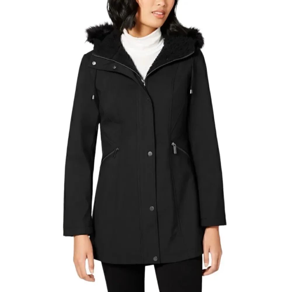 French Connection Women's Faux-Fur-Trim Hooded Raincoat Black Medium NWT
